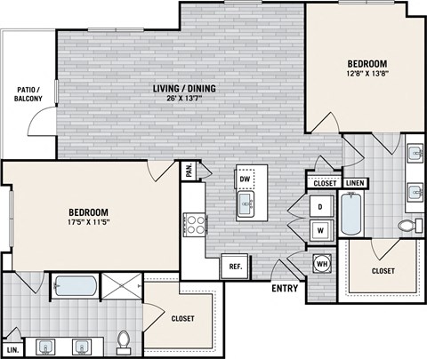 Floor plan for 2 beds, 2 baths, 1491 sqft
